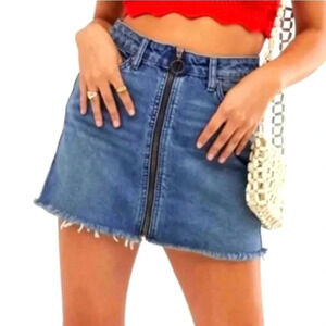 We The Free Full Zip Denim Frayed Hem Mini Skirt, Color Blue (Dark Wash) Size 24
